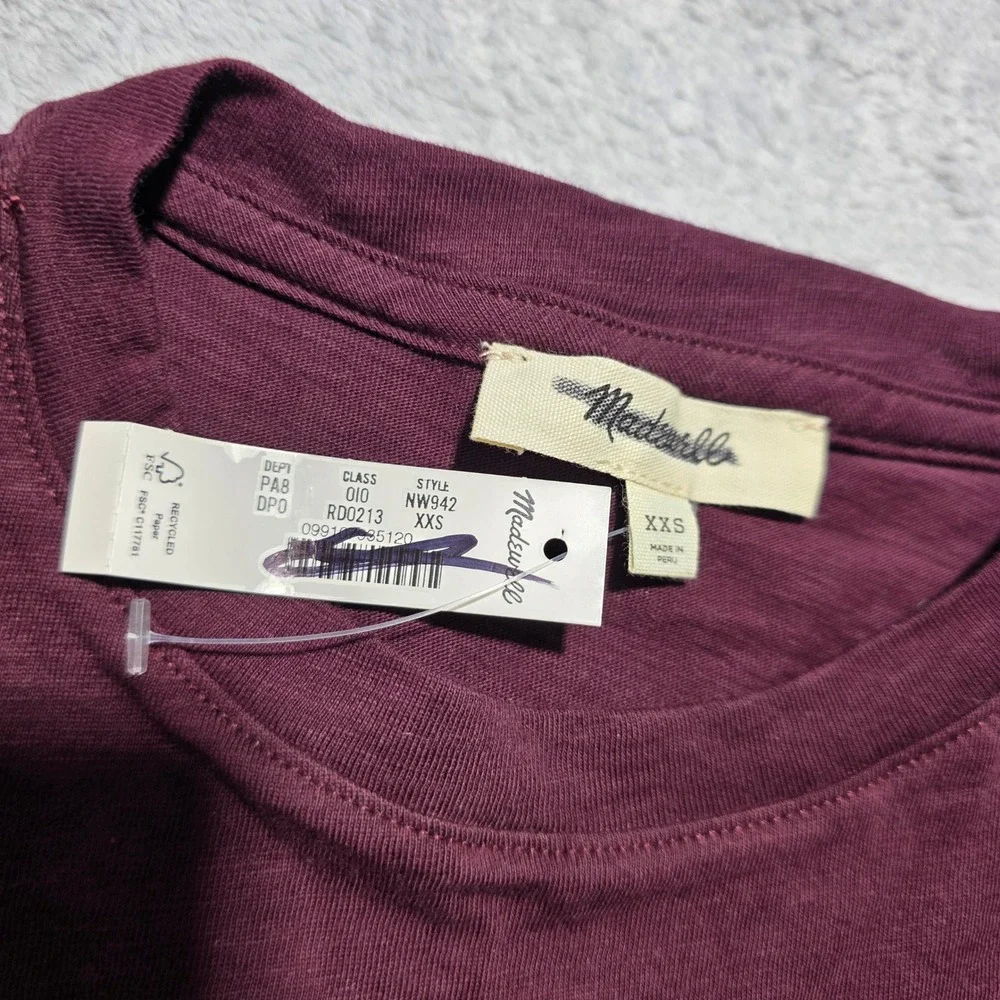 Madewell Women XXS Burgundy Puff‎ Sleeve Smocked Cuff Soft Slub Cotton Top